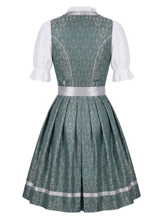 3PCS Robe Gris Vert Floral Col Carré avec Tablier et Blanc Top Années 1950