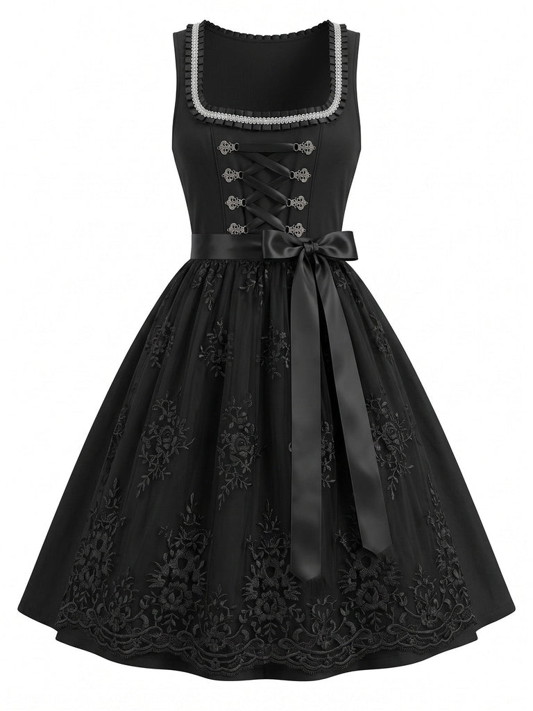 Ensemble 2PCS noir avec robe à col carré et tablier floral brodé Années 1950