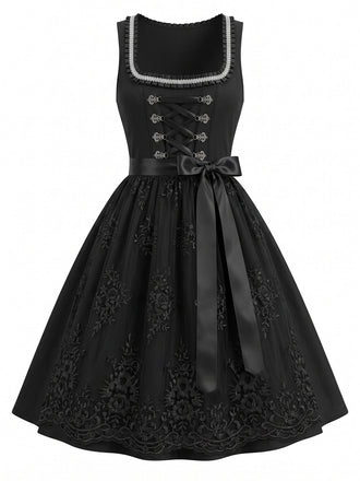 Ensemble 2PCS noir avec robe à col carré et tablier floral brodé Années 1950