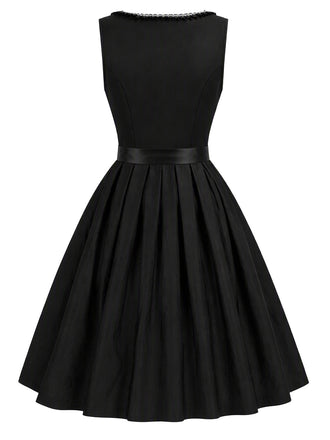 Ensemble 2PCS noir avec robe à col carré et tablier floral brodé Années 1950