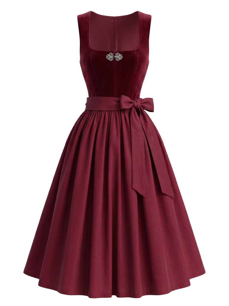 Robe bordeaux en velours à col carré avec tablier années 1950