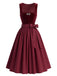 Robe bordeaux en velours à col carré avec tablier années 1950