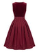 Robe bordeaux en velours à col carré avec tablier années 1950