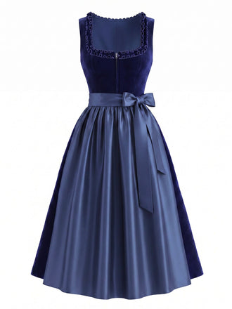 2PCS Robe Marine Bleu Col Carré Velours et Tablier Années 1950