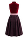 Ensemble bordeaux avec robe en velours à décolleté cœur, tablier et top blanc Années 1950