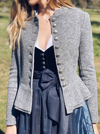 Veste grise à col montant en imitation laine et ourlet volanté années 1950