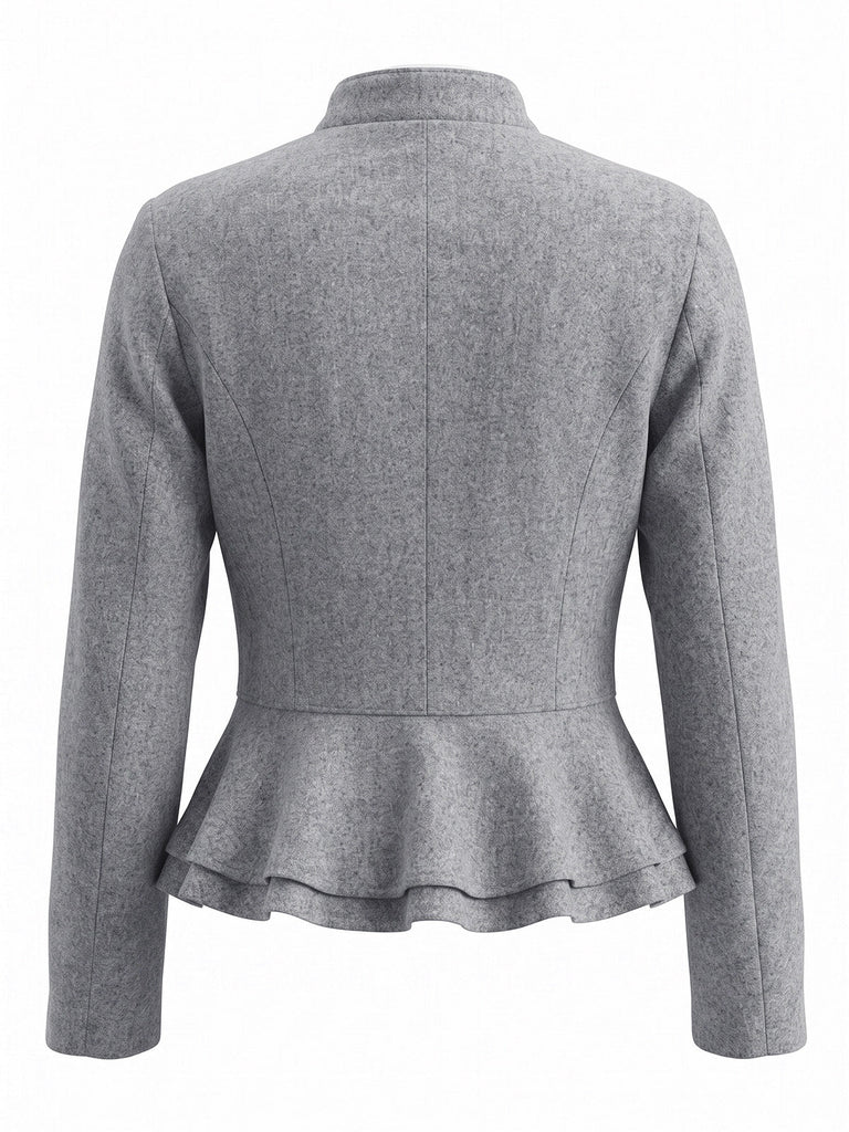 Veste grise à col montant en imitation laine et ourlet volanté années 1950