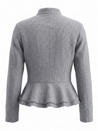 Veste grise à col montant en imitation laine et ourlet volanté années 1950