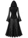 Robe longue gothique noire en dentelle à capuche et manches cloche années 1980
