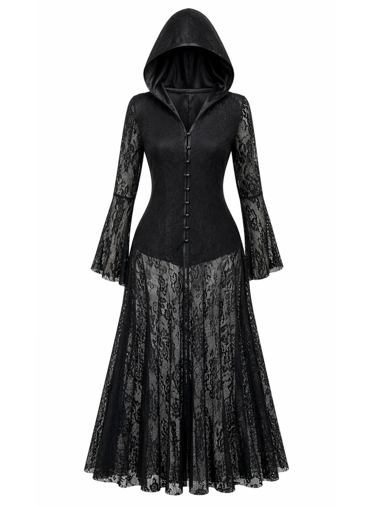 Robe longue gothique noire en dentelle à capuche et manches cloche années 1980