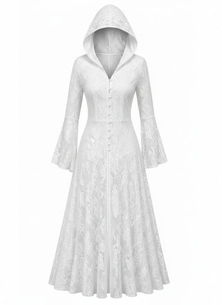 Robe longue gothique noire en dentelle à capuche et manches cloche années 1980