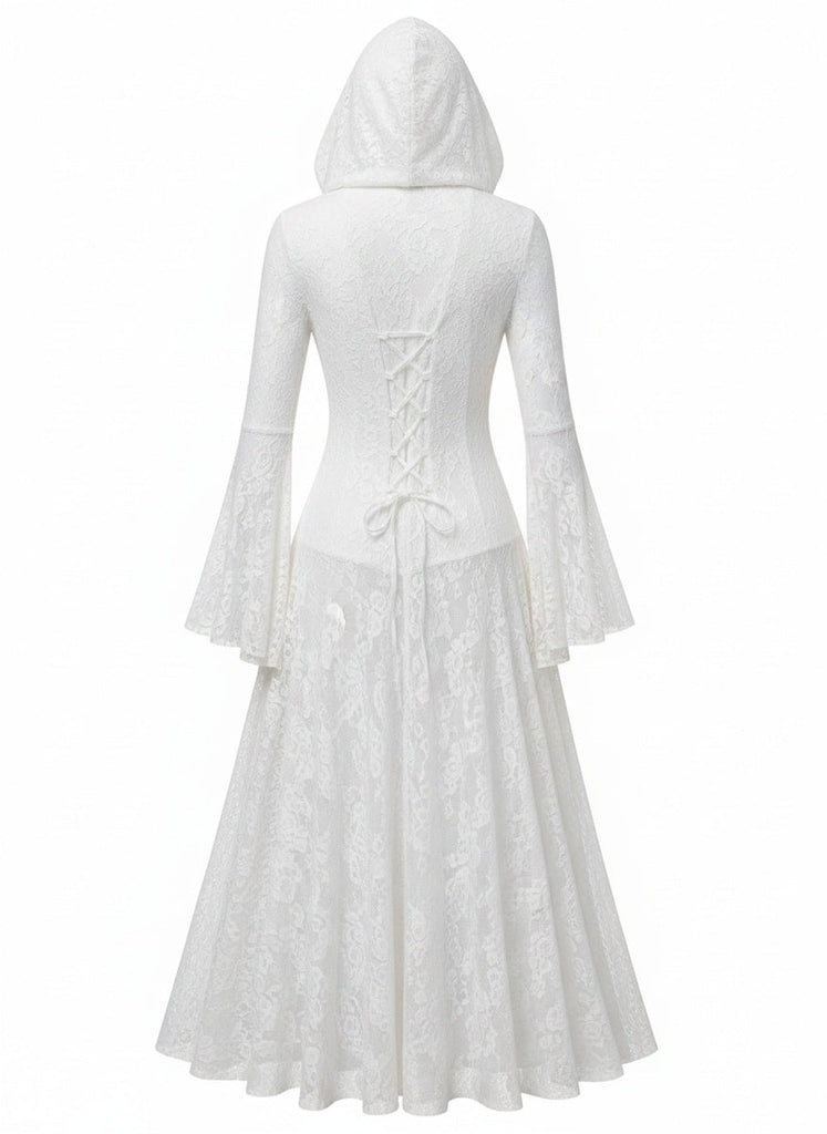 Robe longue gothique noire en dentelle à capuche et manches cloche années 1980