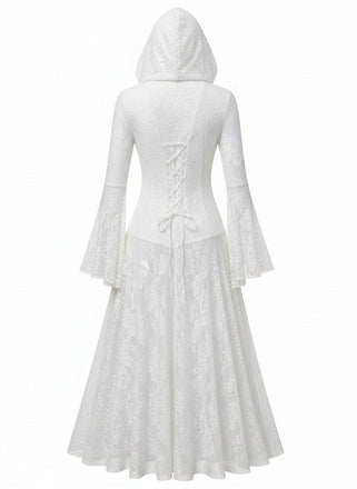Robe longue gothique noire en dentelle à capuche et manches cloche années 1980