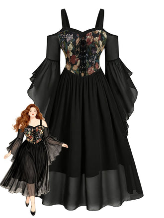 [Grande Taille] Robe florale en tulle à épaules dénudées et manches cloche Années 1980