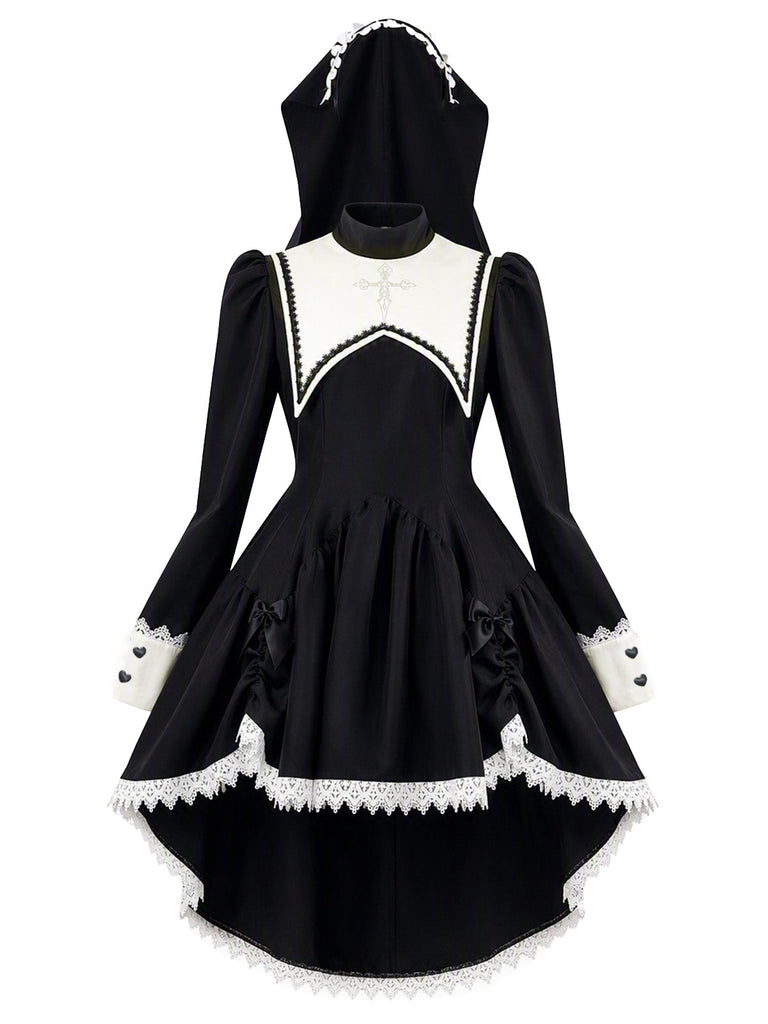 Robe de nonne noire Halloween en dentelle à nœud et capuche Années 1980