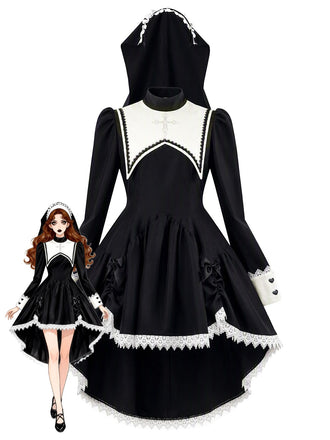 Robe de nonne noire Halloween en dentelle à nœud et capuche Années 1980