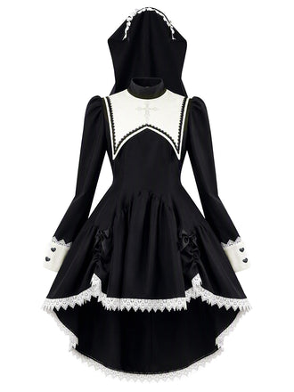 Robe de nonne noire Halloween en dentelle à nœud et capuche Années 1980