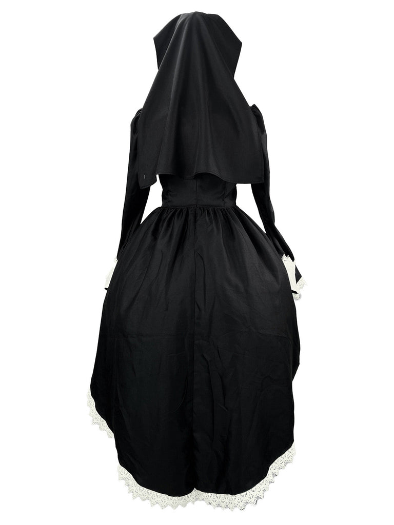 Robe de nonne noire Halloween en dentelle à nœud et capuche Années 1980