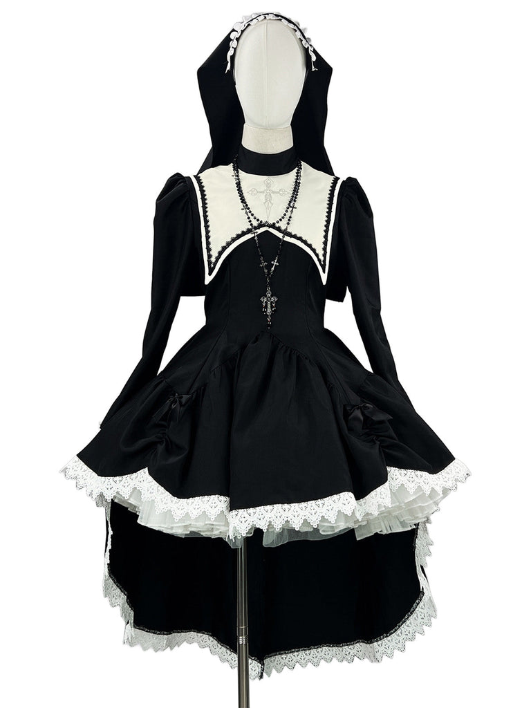 Robe de nonne noire Halloween en dentelle à nœud et capuche Années 1980