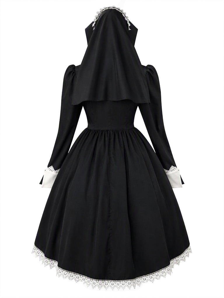 Robe de nonne noire Halloween en dentelle à nœud et capuche Années 1980