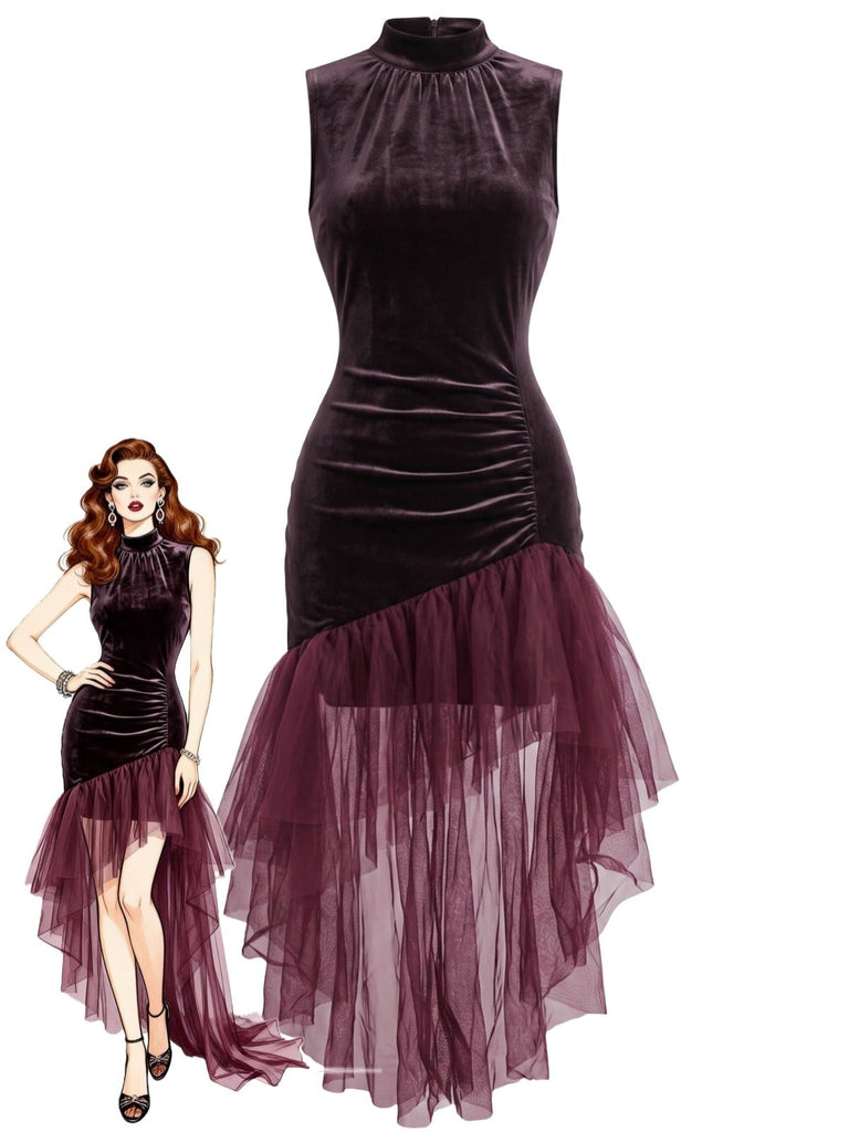 Robe longue prune en velours et tulle, froncée et asymétrique années 1930