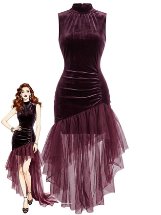 Robe longue prune en velours et tulle asymétrique années 1930
