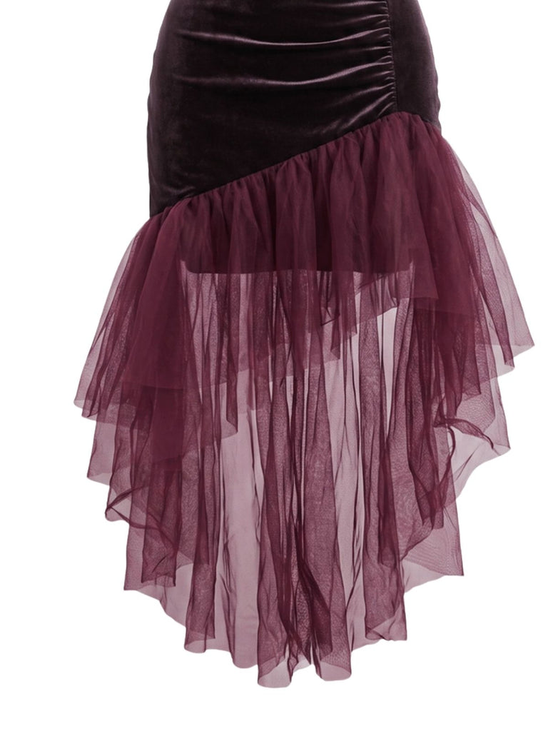 Robe longue prune en velours et tulle, froncée et asymétrique années 1930