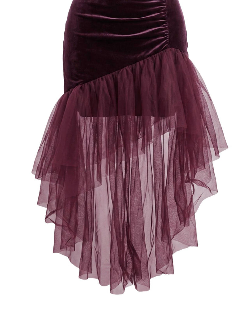Robe longue prune en velours et tulle asymétrique années 1930