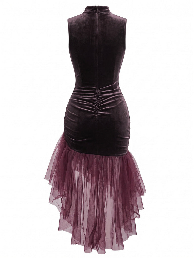 Robe longue prune en velours et tulle, froncée et asymétrique années 1930