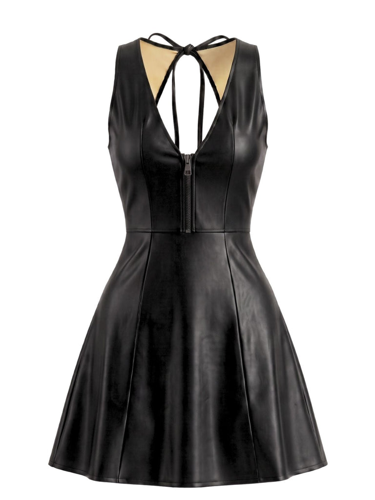 Robe évasée en cuir PU à col V et dos ajouré années 1960