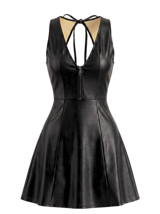 Robe évasée en cuir PU à col V et dos ajouré années 1960