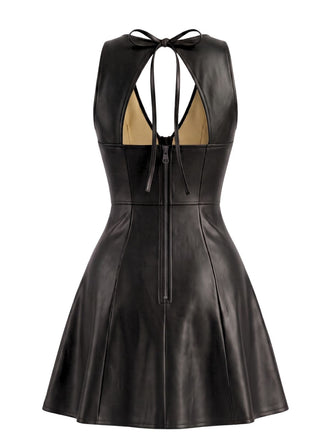 Robe évasée en cuir PU à col V et dos ajouré années 1960