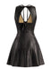 Robe évasée en cuir PU à col V et dos ajouré années 1960