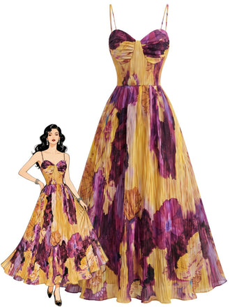 Robe maxi plissée violette et jaune à motif abstrait floral et feuillage Années 1970