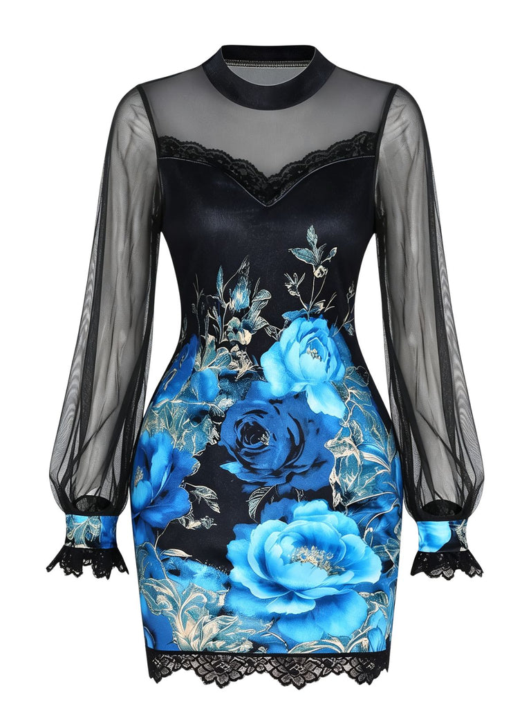 Robe courte à fleurs avec bordure en dentelle et manches lanternes années 1960
