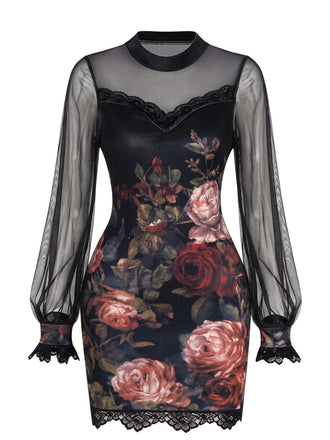 Robe courte à fleurs avec bordure en dentelle et manches lanternes années 1960