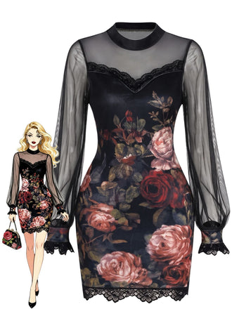 Robe courte à fleurs avec bordure en dentelle et manches lanternes années 1960