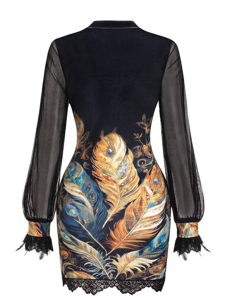 Robe courte à fleurs avec bordure en dentelle et manches lanternes années 1960