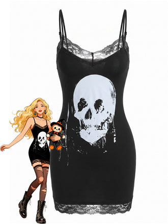 Robe Noir Halloween Gothique Imprimé Tête de Mort Années 1960