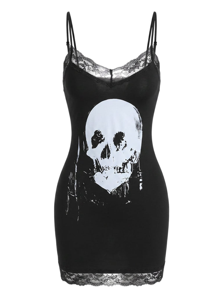 Robe Noir Halloween Gothique Imprimé Tête de Mort Années 1960