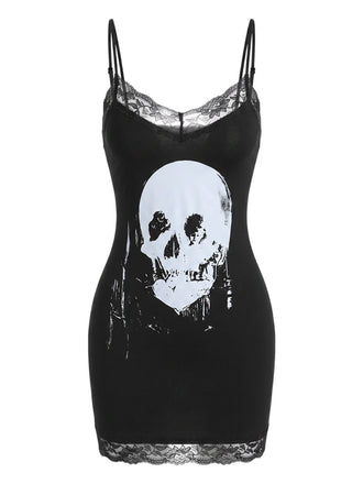 Robe Noir Halloween Gothique Imprimé Tête de Mort Années 1960