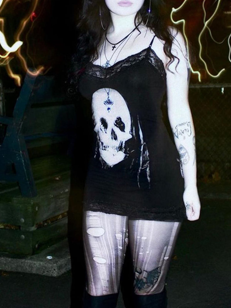 Robe Noir Halloween Gothique Imprimé Tête de Mort Années 1960