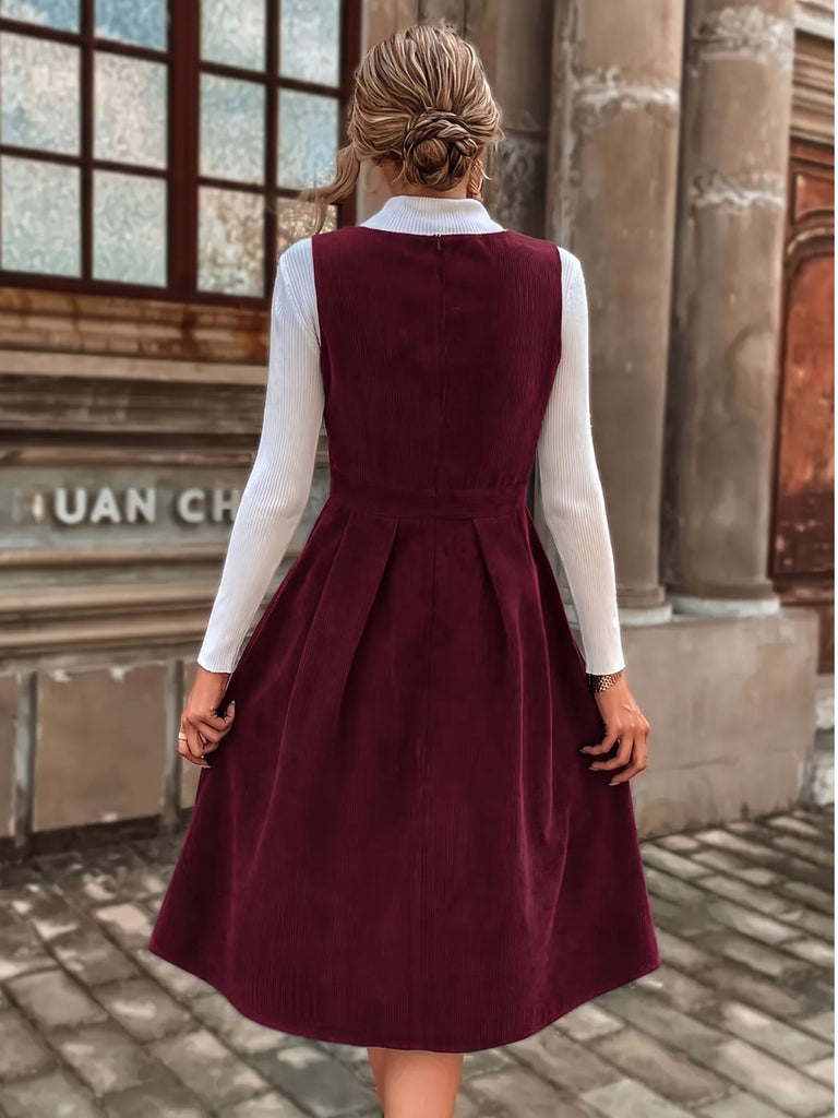 Robe chasuble en velours côtelé plissé à décolleté V profond années 1950 - 5