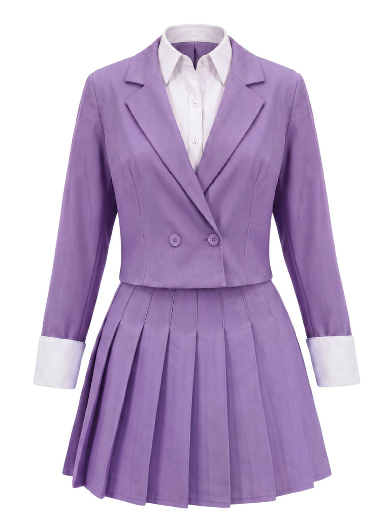 Ensemble deux pièces uni, blazer court et jupe plissée années 1960 - 3