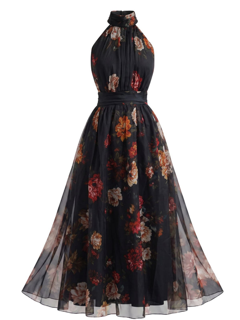 Robe Floral Halter Tulle Dos Nu Maxi Années 1940