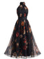 Robe Noire Floral Col Licou Tulle Boho Années 1940