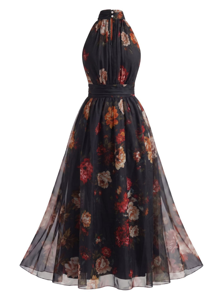 Robe Floral Halter Tulle Dos Nu Maxi Années 1940