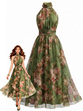 Robe Floral Halter Tulle Dos Nu Maxi Années 1940