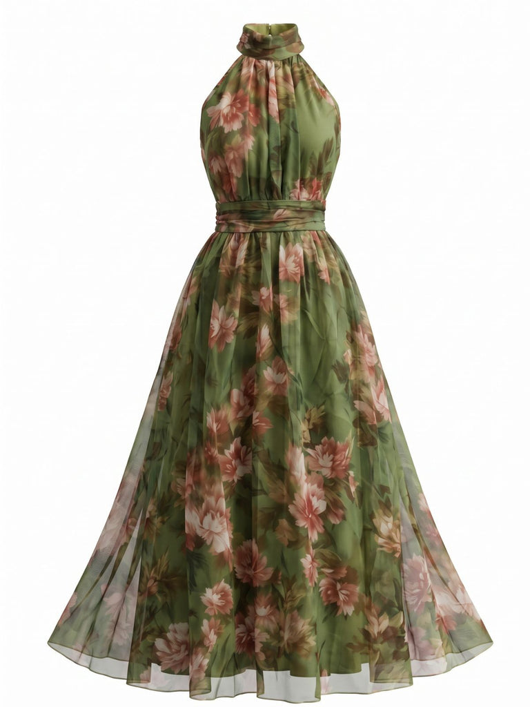Robe Floral Halter Tulle Dos Nu Maxi Années 1940
