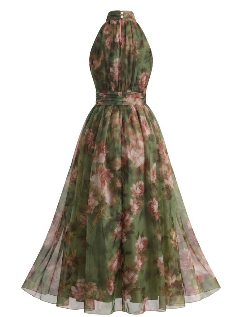 Robe Floral Halter Tulle Dos Nu Maxi Années 1940